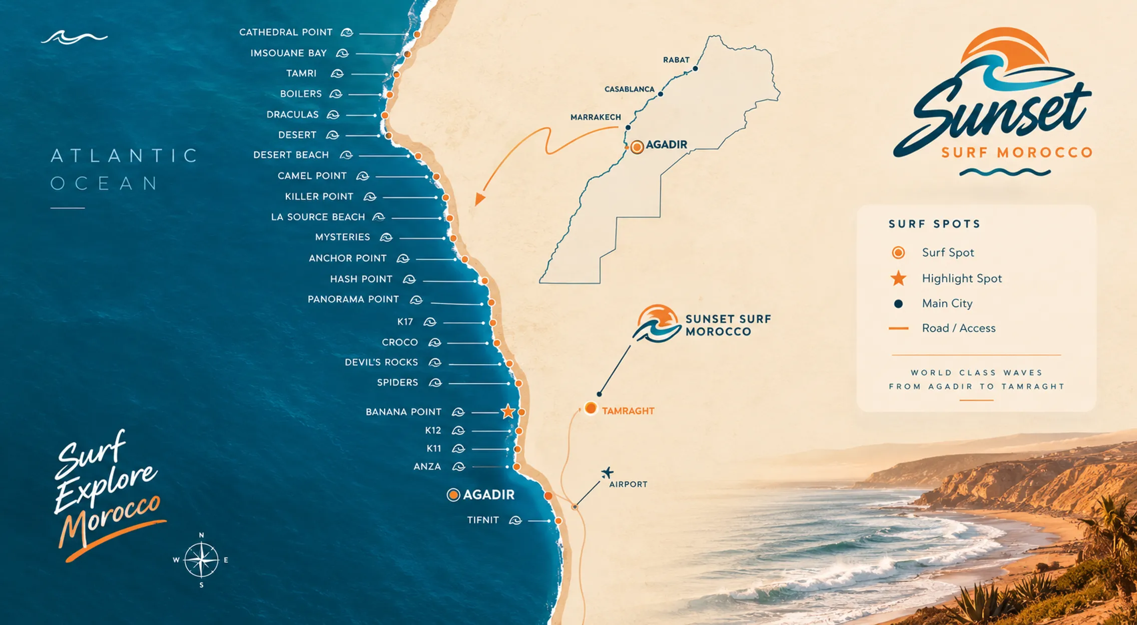 Illustrated map of the Moroccan Atlantic coast from Agadir to Tamraght, marking each surf spot