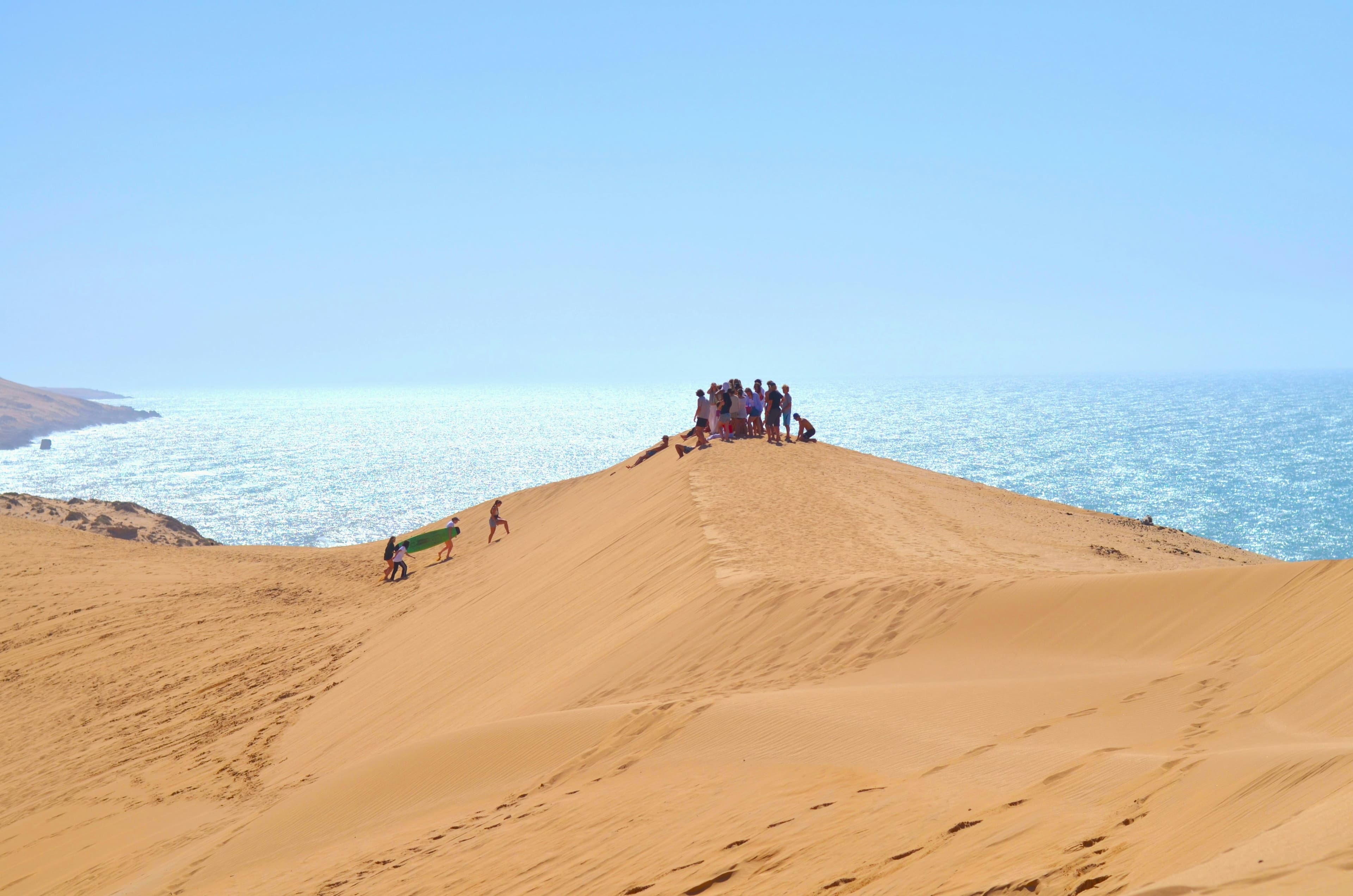 Golden dunes meeting a wide blue horizon